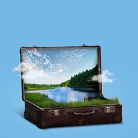 Open briefcase nature background, surreal lake remix