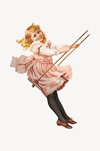 Little girl playing swing, vintage illustration