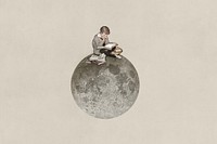 Boy reading on moon, surreal education remix