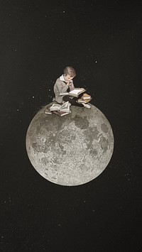Boy reading on moon, surreal education remix