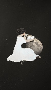 Girl reading on moon, surreal education remix