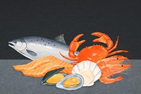 Seafood background, fish, crab digital paint