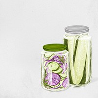 Onion & pickle jar background, vegetable food illustration