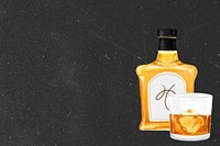 Whiskey glass bottle background, alcoholic drinks illustration