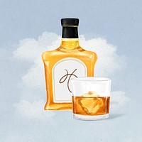 Whiskey drink, bottle & glass, alcoholic beverage illustration