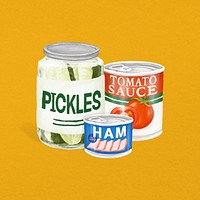 Canned food, pickles, ham, tomato sauce illustration