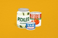 Canned food, pickles, ham, tomato sauce illustration