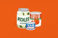 Canned food, pickles, ham, tomato sauce illustration