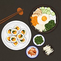 Kimbap, Bibimbap & Kimchi, Korean food illustration