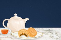 Mooncake and tea background, Chinese dessert border