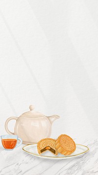 Mooncake and tea iPhone wallpaper, Chinese dessert border