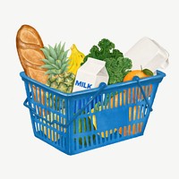 Food grocery shopping, basket collage element psd