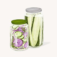 Jar of pickles & onions, vegetable food illustration