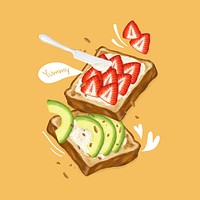 Avocado & strawberry toast, breakfast food illustration