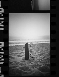 Skateboards on the beach, film photo