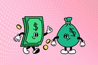 Dollar bill & money bag, finance cartoon character illustration