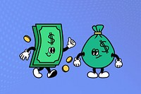 Dollar bill & money bag, finance cartoon character illustration