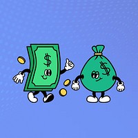 Dollar bill & money bag, finance cartoon character illustration