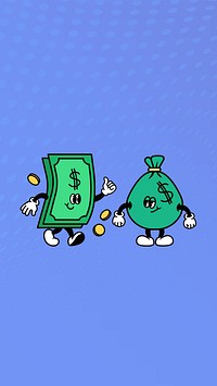 Dollar bill & money bag, finance cartoon character illustration