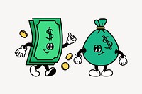 Dollar bill & money bag, finance cartoon character illustration