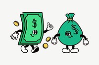 Dollar bill & money bag, finance cartoon character illustration psd