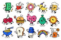 Funky cartoon character sticker set psd