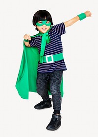 Asian boy green superhero costume