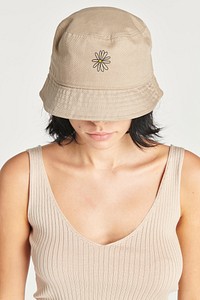 Woman in a beige bucket hat template mockup