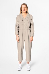 Woman mockup psd in beige jumpsuit street apparel full body