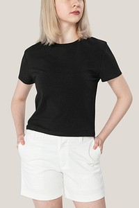 Black t-shirt psd mockup basic teen&rsquo;s apparel studio shoot