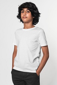 White tee mockup psd for boys basic teen’s apparel studio shoot