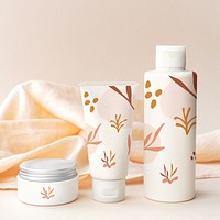 Organic skincare product bottles, minimal design