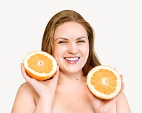 Blond woman holding two fresh oranges