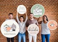 Business team holding signs mockup psd