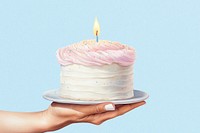 Hand holding birthday cake illustration, digital art