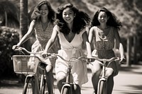 Asian women ride bicycles grayscale