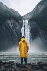 Raincoat standing yellow rock. 