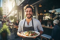 Cheerful holding waiter adult. 