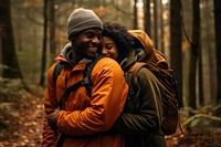 Outdoors hugging hiking nature. 