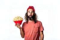 Popcorn adult man white background. 