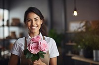 Rose smiling holding flower. AI generated Image by rawpixel.