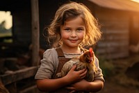 Chicken holding animal child. 