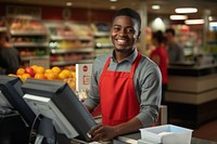 Supermarket customer checkout smiling. 