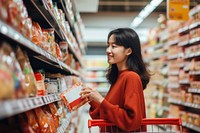 Supermarket choosing shelf adult. 