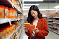 Reading supermarket shelf consumerism. 