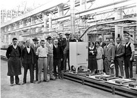 The first refrigerator. First electric refrigerator produced in a large eastern plant is shown as it rolled from the assembly line on October 15, 1928. Between that date and the end of civilian refrigerator production for the duration the company built 4,523,665 of them. Sourced from the Library of Congress.