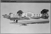 Drawing of community building. Greenhills project, Ohio. Sourced from the Library of Congress.