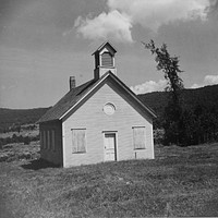 One-room schoolhouse closed for the summer. Bristol Notch, Vermont. Sourced from the Library of Congress.
