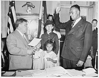 [Untitled photo shows: Mayor La Guardia swearing in Justice Myles Paige]. Sourced from the Library of Congress.