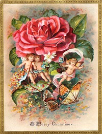 A merry Christmas (1870–1900), flying cherubs vintage illustration. Original public domain image from Digital Commonwealth. Digitally enhanced by rawpixel.